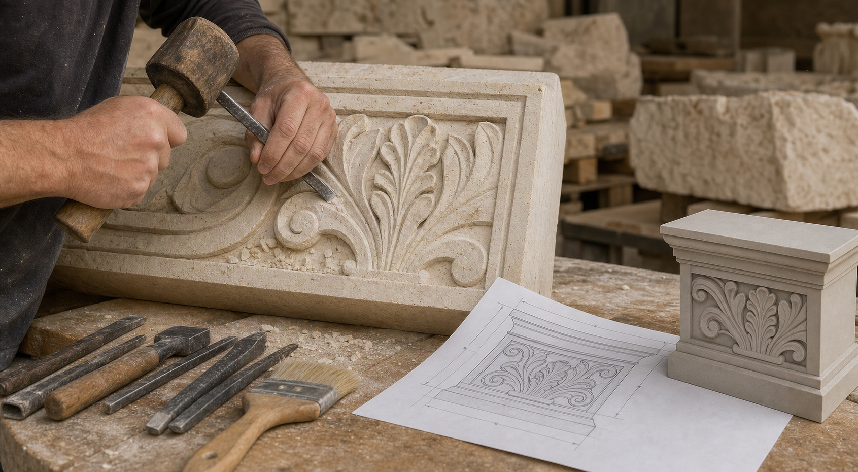 Stone carving craft with drawing and three dimensional model