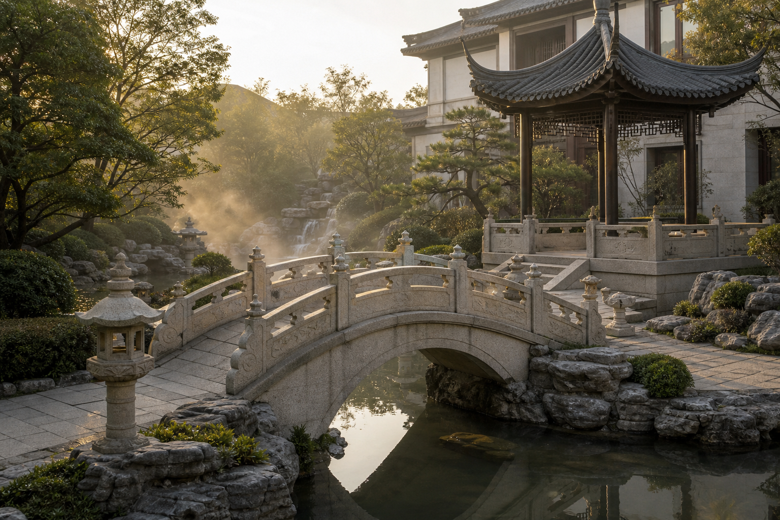 Chinese garden stone bridge and pavilion