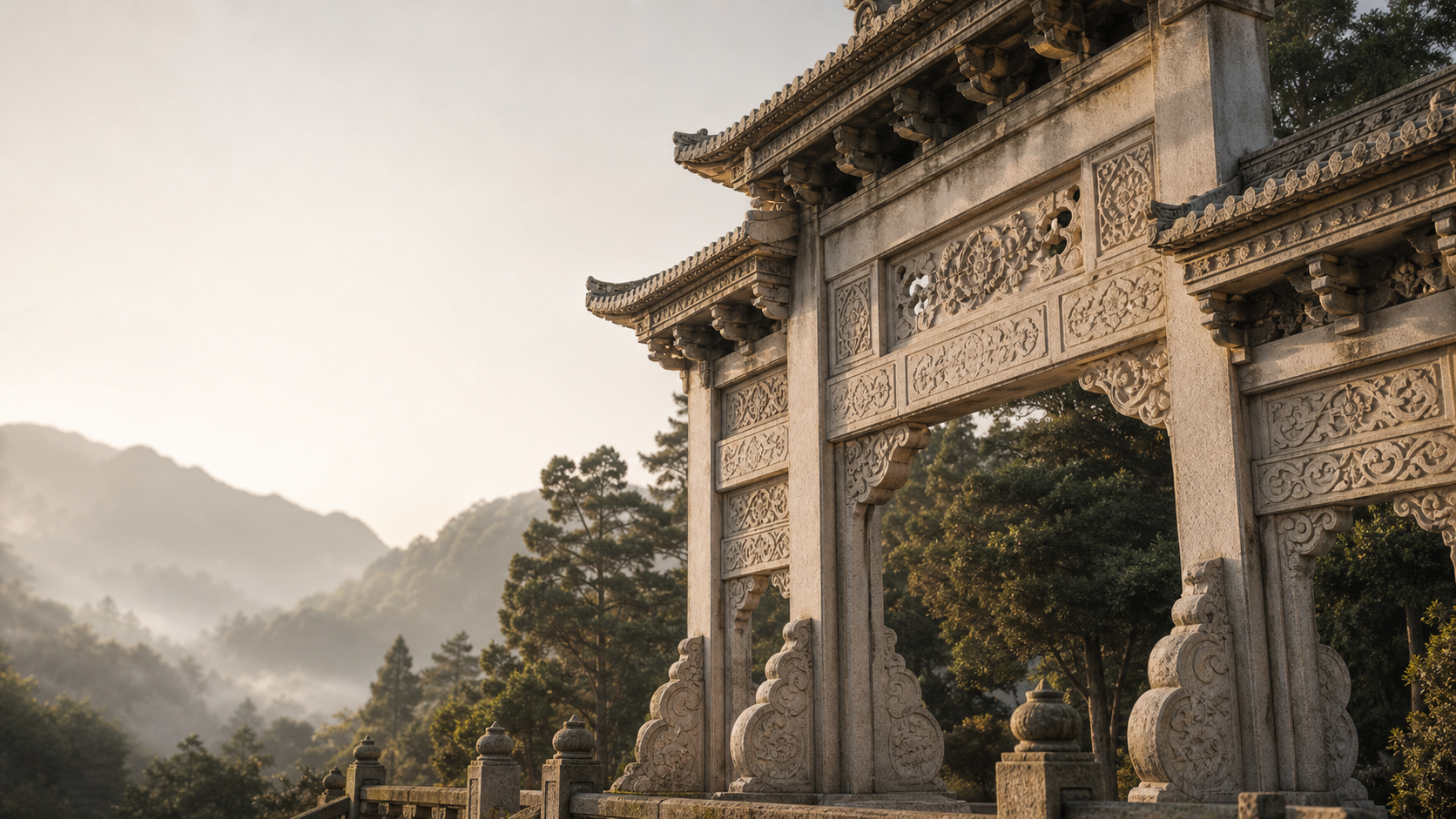 Representative Chinese heritage stone gateway and mountain landscape