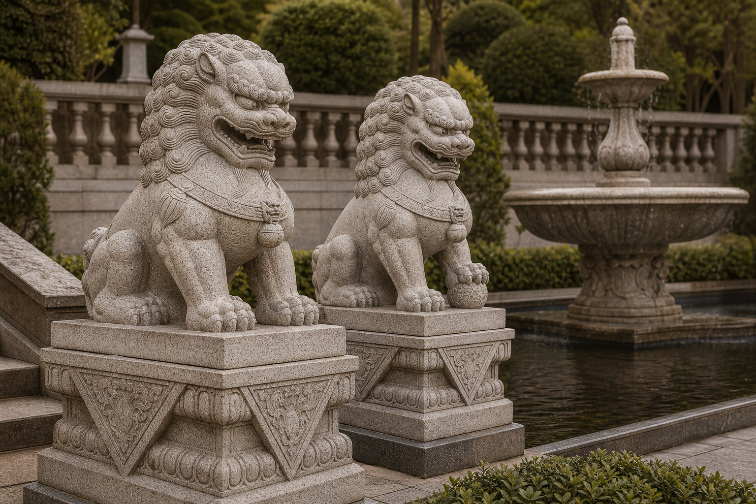 Carved stone guardian lions and fountain