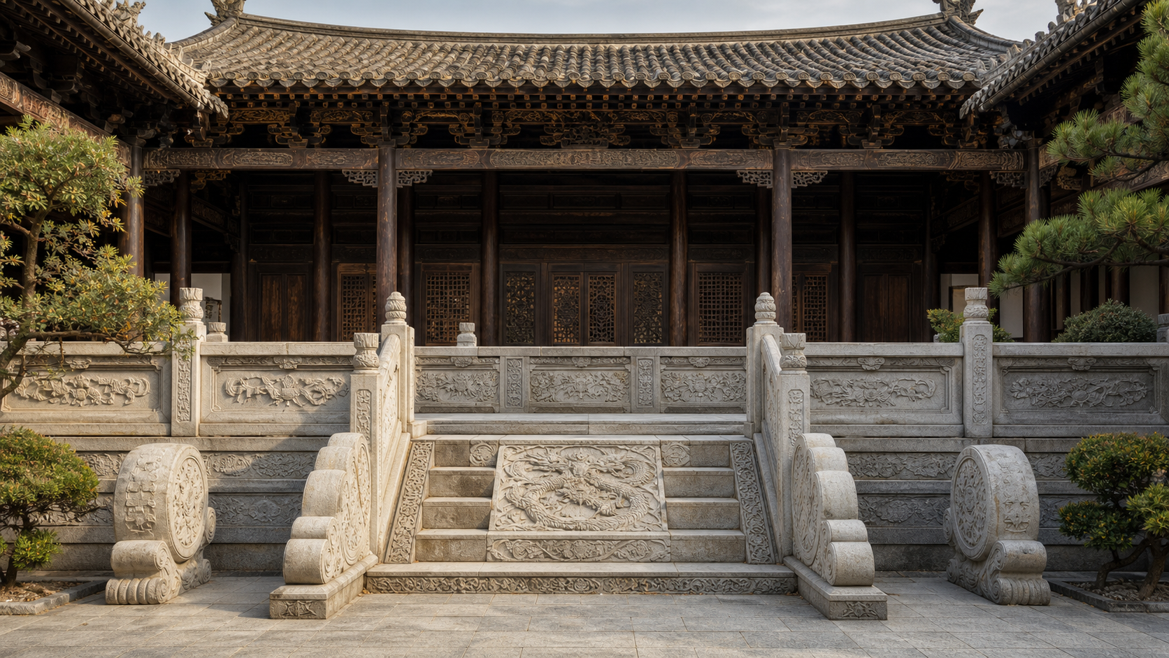 Traditional Chinese ancestral hall with carved granite stonework