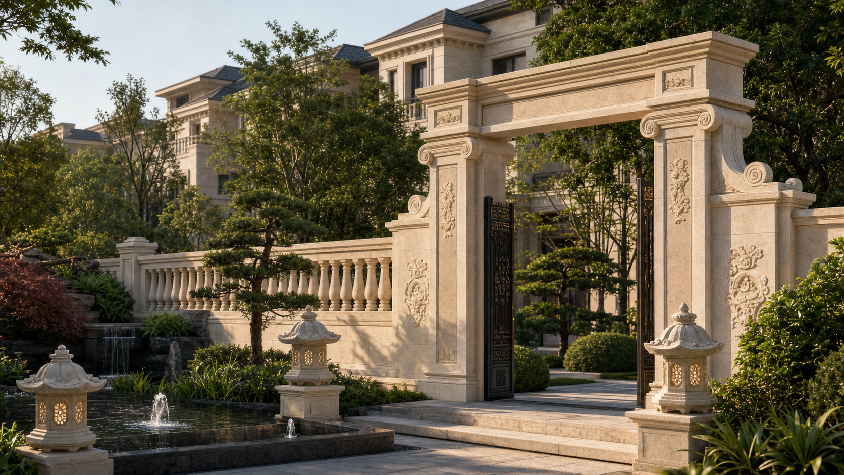 Luxury villa garden with carved limestone gate and balustrade